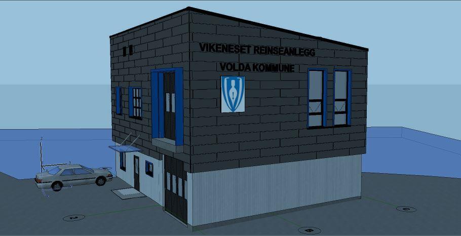 Illustrasjonsteikning av nytt bygg for reinseanlegg på Vikeneset. Moderne firkanta bygg med grå mur nede og mørkebrune veggar over med blå detaljar.