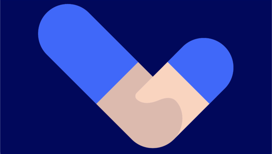 Illustrasjon - logoen til Vigilo, to hender som held i kvarandre, ei lita og ei stor. - Klikk for stort bilete