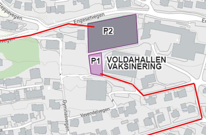 Parkeringsplass for vaksinasjon - kart - Klikk for stort bilete
