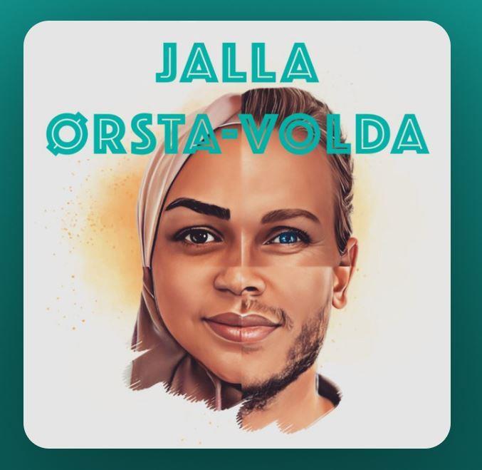 Bilete av logoen til podkasten JALLA Ørsta-Volda. Viset eit ansikt som er sett saman av fire ulike menneske, så der er både brunt og blått auge, mann med skjegg kvinne lys og mørk hud. - Klikk for stort bilete